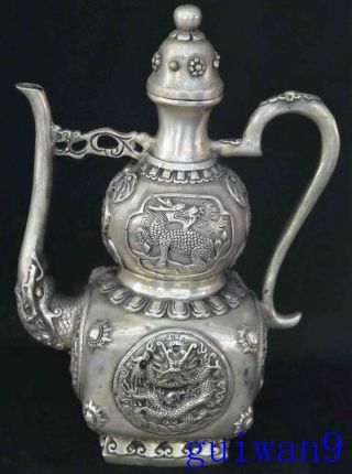 Collectable Exorcism Noble Old China Miao Silver Carve Kylin Tibet Dragon Teapot