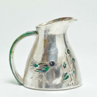 Vintage Los Castillo Silver Plate & Stone Pitcher W/bird & Flower,  Taxco Mexico