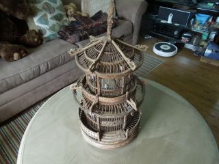 Large Chinese Vintage Hand Carved Bamboo Bird Cage With 5 Porcelain Feeders