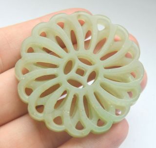 Antique Chinese Art Very Old Handmade Green Jade Flower Ornament Hand Carved