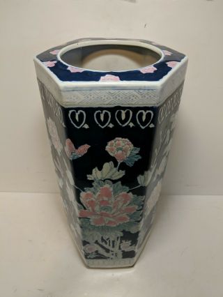 Lovely Vintage Ceramic/porcelain Umbrella Stand Blue,  White W/ Pink Flowers