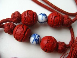 Fine Old Chinese Carved Red Cinnabar Porcelain Bead Tassel Pendant Necklace 4