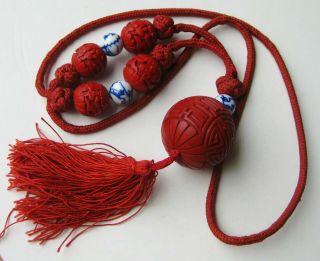 Fine Old Chinese Carved Red Cinnabar Porcelain Bead Tassel Pendant Necklace 5