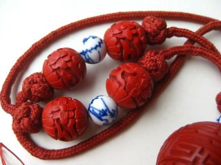 Fine Old Chinese Carved Red Cinnabar Porcelain Bead Tassel Pendant Necklace 6