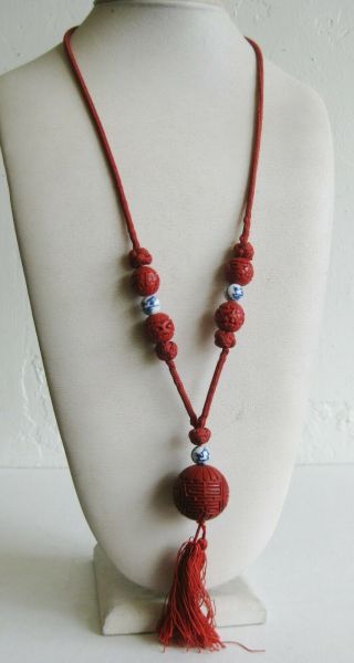 Fine Old Chinese Carved Red Cinnabar Porcelain Bead Tassel Pendant Necklace 8