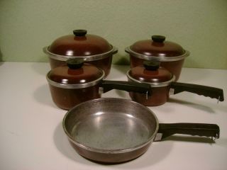 Vtg Club Set Of 9 Aluminum Cookware Skillet Sauce Pans Stock Pots W/lids Brown