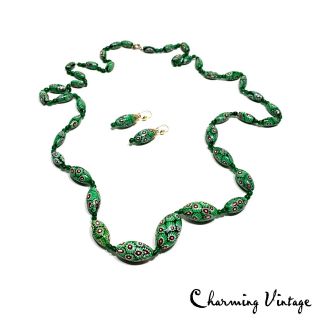 Vintage Antique Art Glass Millefiori Murano Graduated Beaded Necklace & Earrings