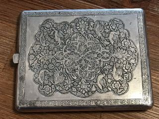 Antique Persian Engraved Solid Silver Cigarette Case