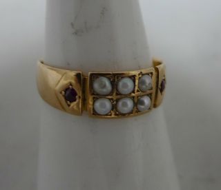 Victorian 15ct Yellow Gold Pearl & Ruby Ring Chester 1888 Size M 2.  2g A602017