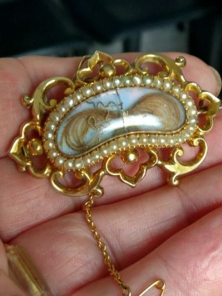 Lovely Victorian Gold Plated Pearl Hair Mourning Brooch.  Safety Chain