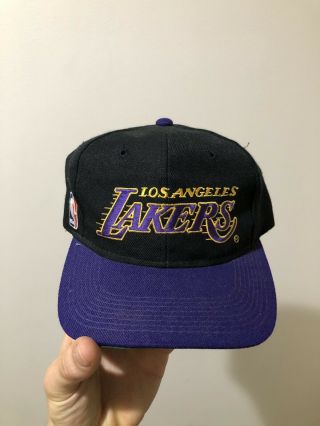 Vintage 90s Sports Specialties La Lakers Motion Script Wool Snapback Hat Cap Nba