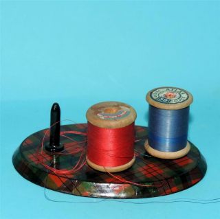 Antique Victorian Tartanware Mauchline Pin Cushion Sewing Thread Spools