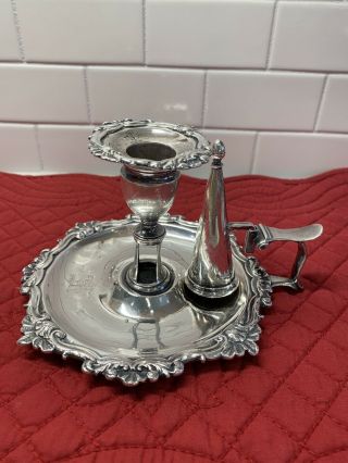 Antique Silver Plate Chamber Candlestick & Snuffer Stamped On Both