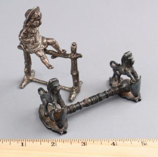 2 Antique Figural Silverplate Knife Rests,  Lions Shields & Boy Sitting On Fence