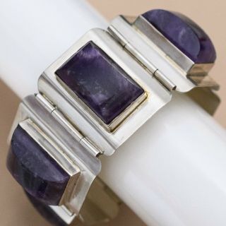 Vtg Early 1940’s Mexican Sterling Silver Carved Natural Amethyst Wide Bracelet