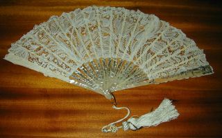 Antique French Hm Lace,  Mop Inlaid Silver & Gold Sticks Fan W Silk Box