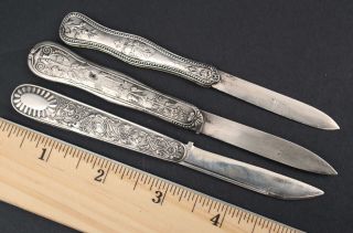 3 Antique American 1850s Gorham & Sterling Silver Folding Fruit Pocket Knives