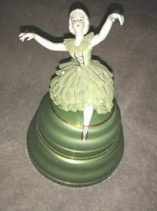Vintage Dresden Porcelain Lace Figure Jewelry Box,  Powder Puff Container
