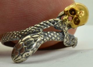 Rare Antique Victorian Memento Mori Skull&snake Vermeil Silver Ring.