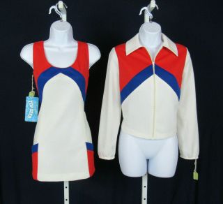 Vtg 1960s Mod Top Seed Tennis Dress & Jacket Sz 10 Red White Blue Tag