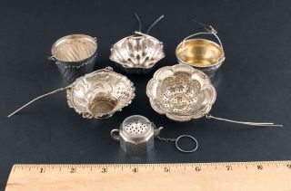 6 Antique Hallmarked German 950 French American Sterling Silver Tea Strainers