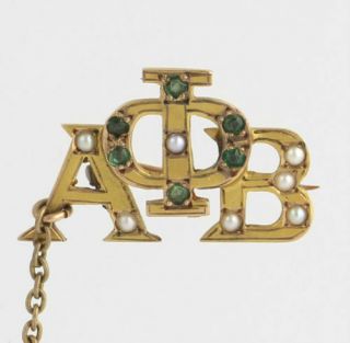 Phi Alpha Beta Vintage Fraternity Badge Pin - 10k Gold Seed Pearl Emerald c1890 2