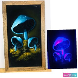 Vintage Psychedelic Velvet Painting Blue Mushrooms Blacklight Glow Groovy Hippie