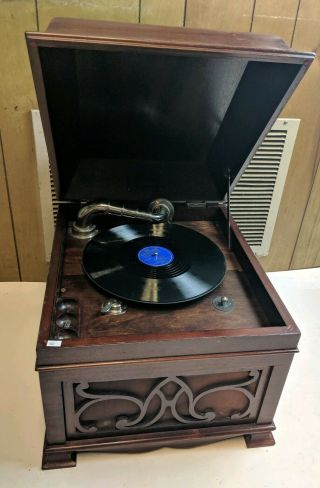 Antique Mahogany Mandel " The Mandel " Table Top Crank Phonograph Gorgeous