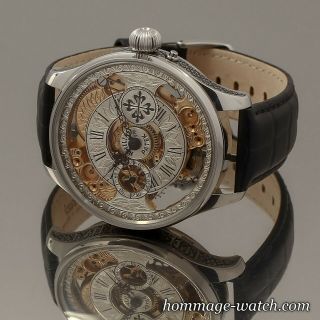 Patek Philippe Movement Swiss Silver Dial Hand Engraved Skeleton Rare Watch 48mm