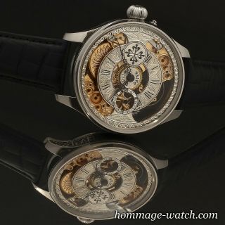 Patek Philippe movement SWISS Silver Dial Hand Engraved Skeleton Rare Watch 48mm 6