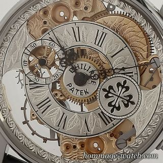 Patek Philippe movement SWISS Silver Dial Hand Engraved Skeleton Rare Watch 48mm 8