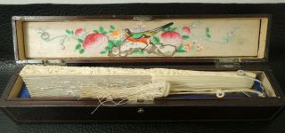 Antique Chinese Filigree Carved Hand Embrodier Dragons Fan W Box