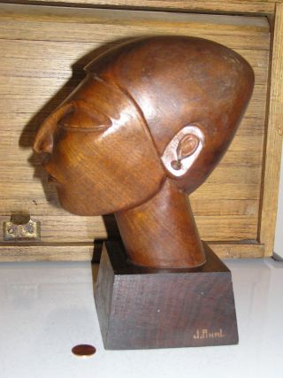 Signed J Pinal Carved Wood Bust Wooden Carving Mayan Ethnic Figure