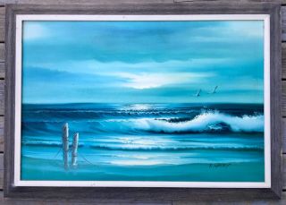 Vintage C1970s Large Seascape Oil Painting Coastal Waves Signed E Galey