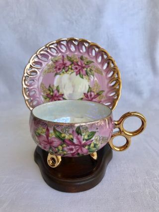 Vintage Bone China Tea Cup & Saucer Pink Orchids Lm Royal Halsey Footed Design
