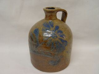 Vintage 5 " Tall Stoneware Folk Art Pottery Handled Jug With Blue Painted Flower