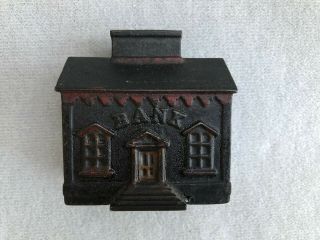 Antique Cast Iron Still Coin Bank Painted Cute Small Town Bank Building