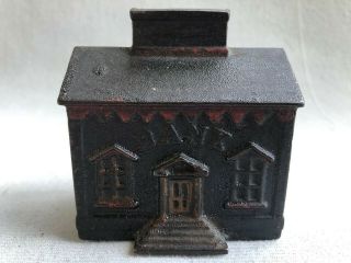 Antique Cast Iron Still Coin Bank Painted Cute Small Town Bank Building 5