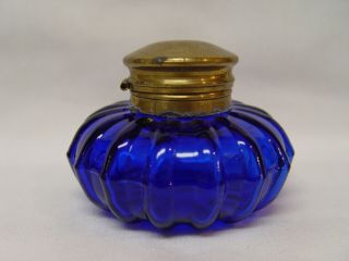 Vintage Antique Cobalt Blue Glass Inkwell With Hinged Brass Lid Desk Ink Well