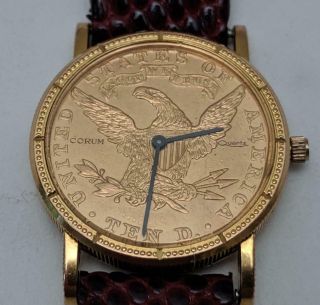Vintage Corum $10 Liberty Gold Coin Watch 18k & 22k Quartz Running Wristwatch