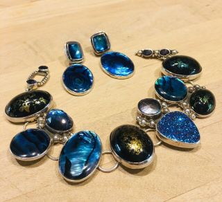 Amy Kahn Russell Abalone Pearl Druzy Celestial Quartz Bracelet Earrings Set Euc