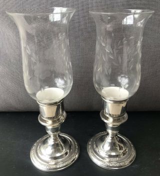 Lovely Pair Sterling Silver & Etched Glass Hurricane Lamps