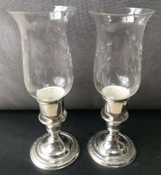 LOVELY PAIR STERLING SILVER & ETCHED GLASS HURRICANE LAMPS 3