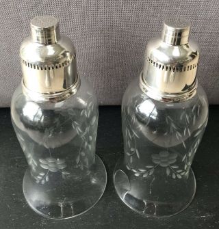 LOVELY PAIR STERLING SILVER & ETCHED GLASS HURRICANE LAMPS 4