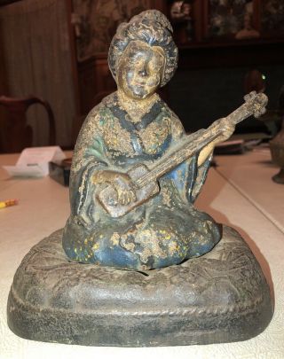 Antique 1920’s Hubley Doorstop Geisha Playing Samisen Cast Iron Painted Japanese