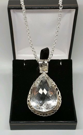 Vintage Solid Sterling Silver Rock Crystal Pendant & Chain