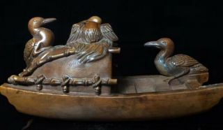 Old China Collectable Boxwood Handwork Carve By Boat Swan Duck Decor Statue Art 2