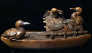 Old China Collectable Boxwood Handwork Carve By Boat Swan Duck Decor Statue Art 4