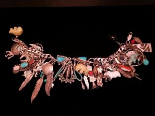 Vintage Sterling Silver Old Pawn Southwest Charm Bracelet Turquoise Coral