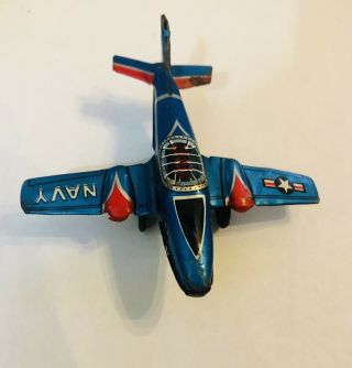 Vintage 1950’s Tin Litho Friction Navy Airplane 4” 3